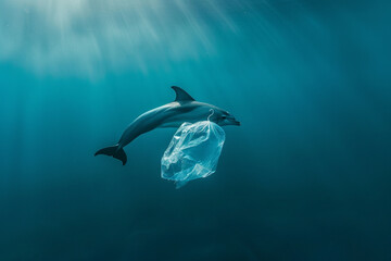 Obraz premium A solitary dolphin gracefully navigates through the oceans depths, encountering a drifting plastic bag, a stark symbol of the pervasive plastic pollution threatening marine life 