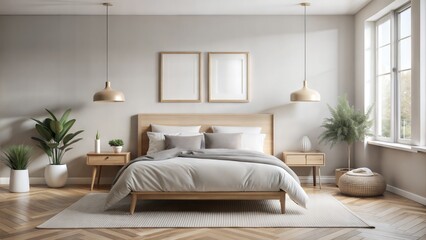 Scandinavian Bedroom Frame Mockup: A Scandinavian-style bedroom with a frame mockup hung above a bed or on a bedside table, featuring clean lines and neutral tones for a serene atmosphere.	

