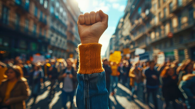 Close-up of many people's hands raised up. A large group of people on strike in the city. Hand raised in a fist. Protest concept. Lifestyle.