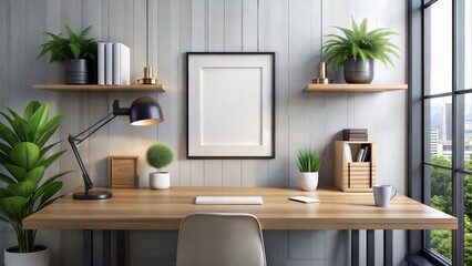 Modern Office Desk Frame Mockup: A modern office desk with a frame mockup placed strategically, featuring minimalist decor and clean design elements.	
