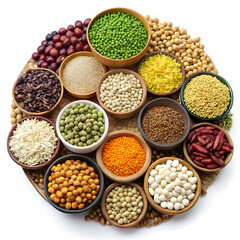 Set of superfoods, legumes, cereals, nuts, seeds in bowls on white table. top view