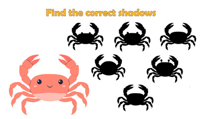Find the correct shadow, crab. isolated on white background. Sea life. Game for children. Vector illustration.