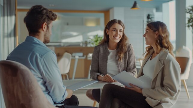 A young family, a man and a pregnant woman, decided to buy their own home. Buying an apartment for a family expecting a child. Real estate deal with a realtor