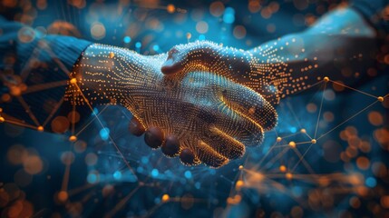 Two people join hands with AI, between Ai in business and for the future.