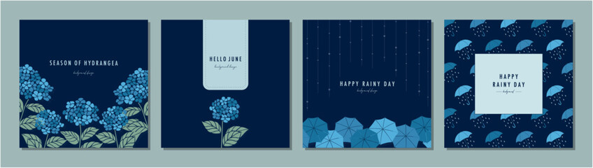 梅雨 紫陽花 雨の日 RAINY DAY 素材セット フレーム 背景 ベクターイラスト シンプル © Sayuri.M