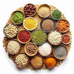 Set of superfoods, legumes, cereals, nuts, seeds in bowls on white table. top view