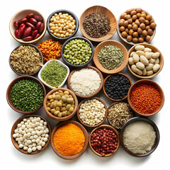 Set of superfoods, legumes, cereals, nuts, seeds in bowls on white table. top view