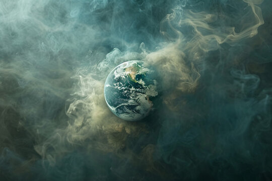 A striking image of Planet Earth enveloped in a dense, swirling mass of smoke, symbolizing environmental pollution and the fragility of our planets atmosphere  