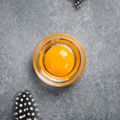 Raw chicken egg yolk. Free space for text. On a gray stone background.