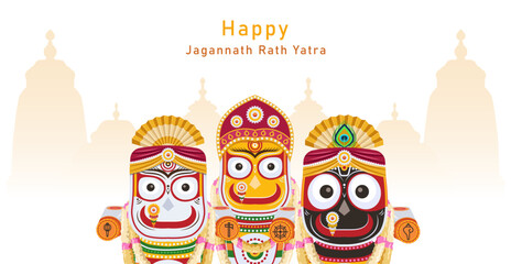 Rath Yatra banner design with Lord Jagannath, Balabhadra, and Subhadra