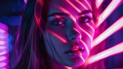 Fototapeta premium Vibrant Neon Light Portrait of Young Woman