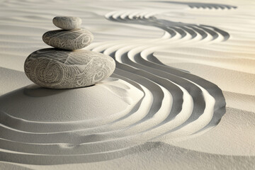 A tranquil illustration of a Zen garden Raked sand patterns creating a serene texture, with a prominent rocks symbolizing contemplation, discipline, and the beauty of simplicity 