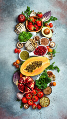 Set of fruits, berries, vegetables and nuts: papaya, broccoli, citrus fruits and tomatoes, spinach leaves. Healthy food.