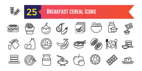 Breakfast cereal icons set outline vector. Snack granola. Bar cereal. Outline icon collection. Editable stroke.