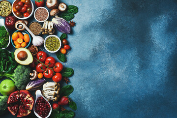 Naklejka premium Background with fruits, vegetables, berries and mushrooms. Healthy food clean eating selection.