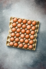 Top view, chicken eggs in a paper tray. On a gray concrete background.