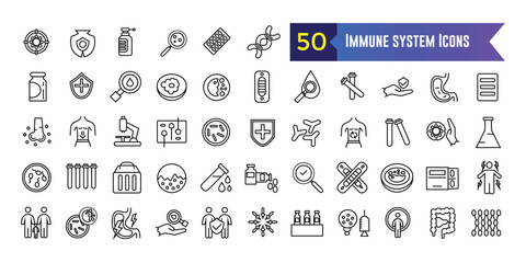 Immune system icons set. Outline set of immune system vector icons for ui design. Outline icon collection. Editable stroke.