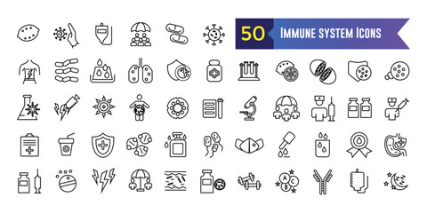 Immune system icons set. Outline set of immune system vector icons for ui design. Outline icon collection. Editable stroke.