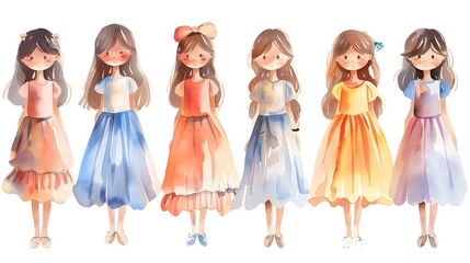 Elegant and Whimsical Girls in Colorful Dresses Embracing the Joy of Childhood and Fantasy