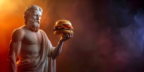 Greek god statue holding a burger symbolizing unhealthy eating habits in restaurants. Concept Art, Symbolism, Healthy eating, Satire, Greek mythology,