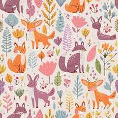Obraz premium Design a pattern that combines whimsical forest animals like foxes, rabbits, and deer
