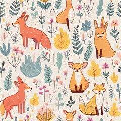 Design a pattern that combines whimsical forest animals like foxes, rabbits, and deer