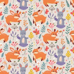 Fototapeta premium Design a pattern that combines whimsical forest animals like foxes, rabbits, and deer