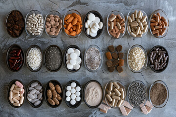 Fototapeta premium A variety of iron supplements and multivitamins on a table, indicating their use for maintaining and improving dietary iron levels and overall health 