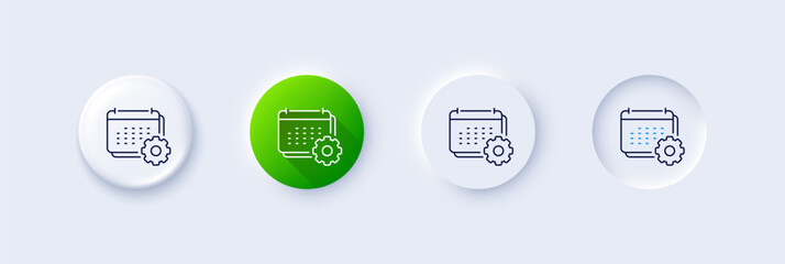 Calendar line icon. Neumorphic, Green gradient, 3d pin buttons. Annual planner sign. Event schedule symbol. Line icons. Neumorphic buttons with outline signs. Vector