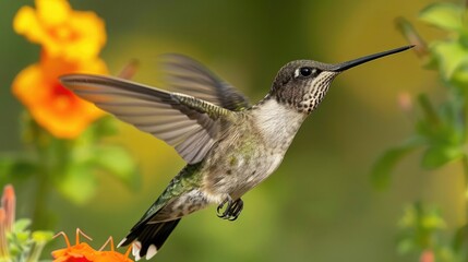 Obraz premium Black Chinned Hummingbird Hovering by a chuparosa flower - Generative AI 