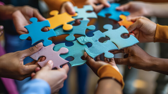 A conceptual photo of people from different backgrounds holding pieces of a giant puzzle