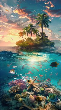 a tropical island with palm trees and fish swimming in the sea, sunset sky, underwater view of coral reef