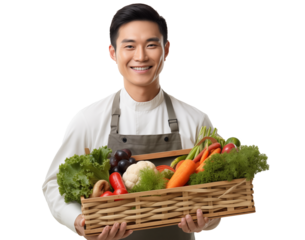 chef holding a crate of fresh organic vegetables