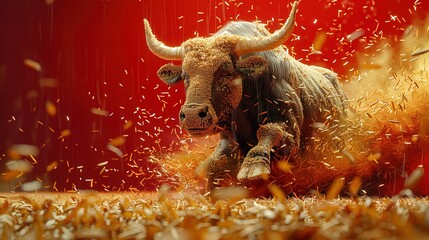 a bull made out of rice in 3d flying and turning, advertising style on a red background, Generate AI.