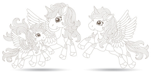 A set of contour illustrations in the style of stained glass with cute cartoon unicorns in the sky, dark outlines on a white background