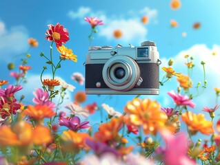 A camera floats in the air with colorful flowers blooming in the air and the blue sky below. It features a cute cartoon design, 3D rendering, Generate AI.