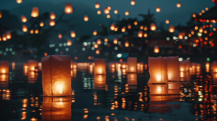 Many soaring aerial lanterns at night over the lake. Beautiful landscape with bright lights outdoors. Concept of nature, light.