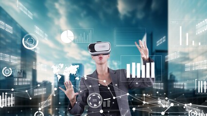 Businesswoman user making zoom with big data dynamic market graph monitor VR future global...