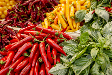 A vibrant display of Calabrian chilis, showcasing their fiery red color and used as a spicy ingredient in traditional Italian cuisine, perfect for adding heat to dishes 