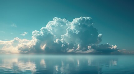 A calm and serene image depicting a large cloud formation gently reflecting on the surface of a still body of water
