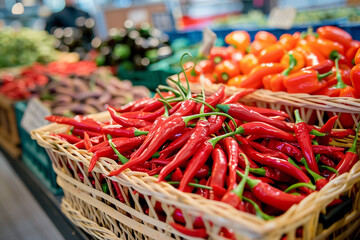 A vibrant display of Calabrian chilis, showcasing their fiery red color and used as a spicy ingredient in traditional Italian cuisine, perfect for adding heat to dishes 
