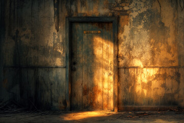 Fototapeta na wymiar Mysterious old door with eerie light, a symbol of secrets and isolation in a decaying setting