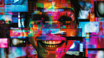 Abstract photo of a smiling woman in glasses with closed frames of video and television screens. A bright colorful photo of a woman with glasses that are broadcast on bright screens.