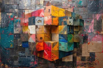 Multicolored geometric shapes converge on a wall, creating a vibrant and textured piece of abstract art