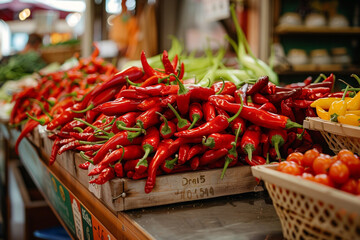 A vibrant display of Calabrian chilis, showcasing their fiery red color and used as a spicy ingredient in traditional Italian cuisine, perfect for adding heat to dishes 