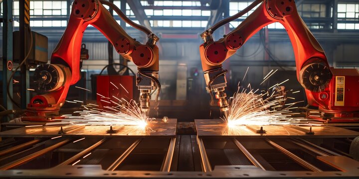 Industrial robots welding in a factory