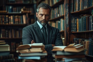 An intense, commanding portrait of a serious man surrounded by towering stacks of books in a library