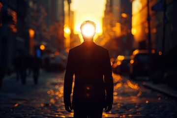 A man stands with the sun setting directly behind his head, casting a silhouette on a city street