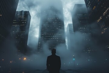A solitary person stands enveloped by mist and the towering silhouettes of skyscrapers in a majestic, dimly lit city scene
