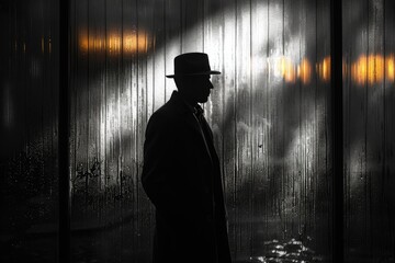 Mysterious man in a hat stands against a rainy window reflecting the city's golden lights